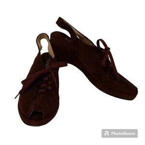 SACCO SHOES BROWN SUEDE LEATHER LOW WEDGE PEEP TOE ANKLE STRAP LACE